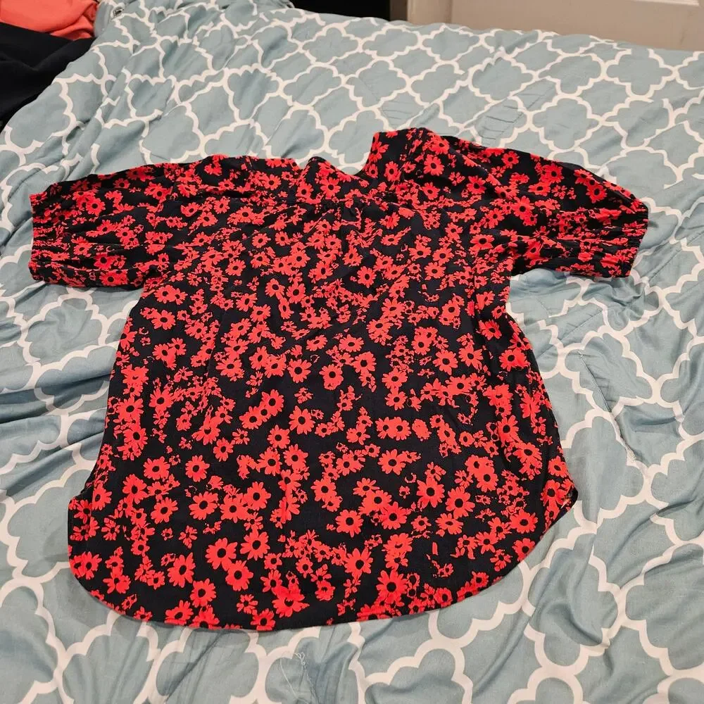 LOFT Navy Red Floral Puff Sleeve Blouse Women’s Small Peasant Boho Top